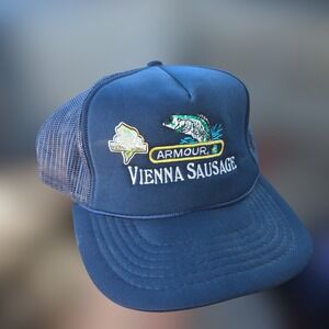 VTG Vienna Sausage Hat Yupoong Armour OSFA Pin Blue Fishing Bass Mesh Trucker